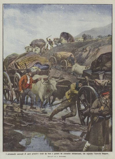 Los pintorescos convoyes de carros primitivos tirados por bueyes y guiados por campesinos militarizados de Achille Beltrame