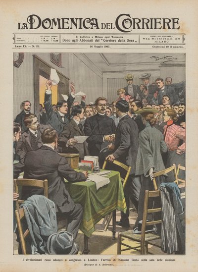 Los revolucionarios rusos reunidos en congreso en Londres, la llegada de Máximo Gorki a la sala de reuniones de Achille Beltrame
