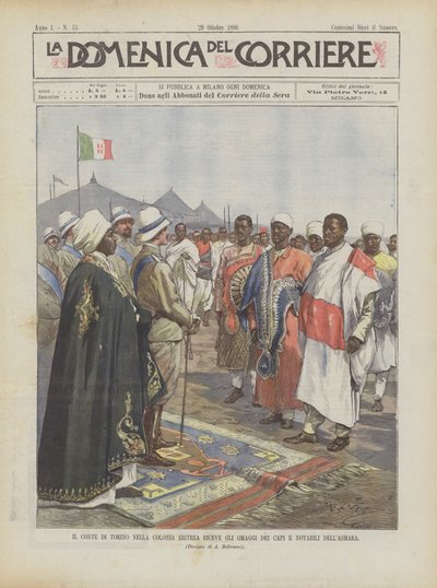 El conde de Turín en la colonia Eritrea recibe los homenajes de los jefes y notables de Asmara de Achille Beltrame