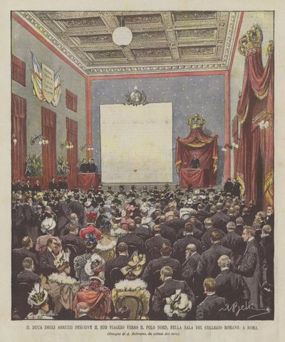 El Duque de los Abruzos describe su viaje hacia el Polo Norte, en la sala del Colegio Romano, en Roma de Achille Beltrame