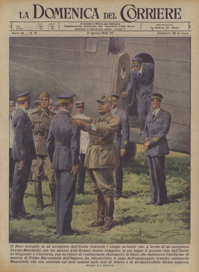 El Duce recibe en un aeropuerto del centro de Italia a los cinco aviadores que, a bordo... de Achille Beltrame