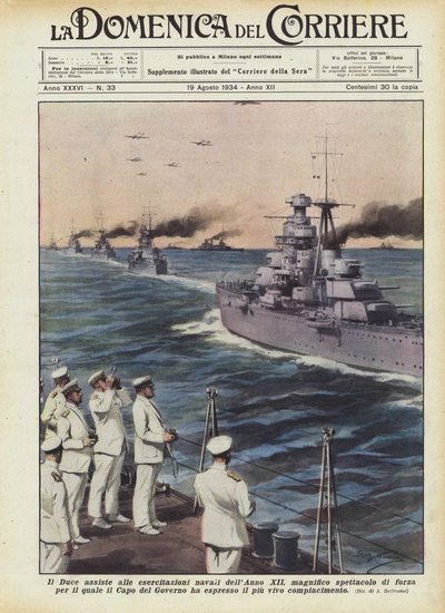 El Duce asiste a los ejercicios navales del Año XII, magnífico espectáculo de fuerza para... de Achille Beltrame