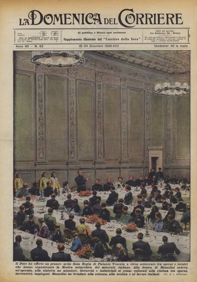 El Duce ofreció un almuerzo en la Sala Regia del Palacio de Venecia a unos setecientos entre obreros de Achille Beltrame