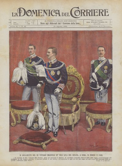 El juramento del rey Víctor Manuel III en el aula del Senado, en Roma, el día 11 de Achille Beltrame