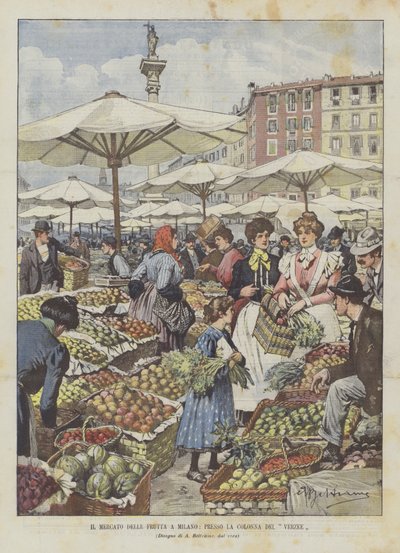 El mercado de frutas en Milán, cerca de la Columna del Verzee de Achille Beltrame