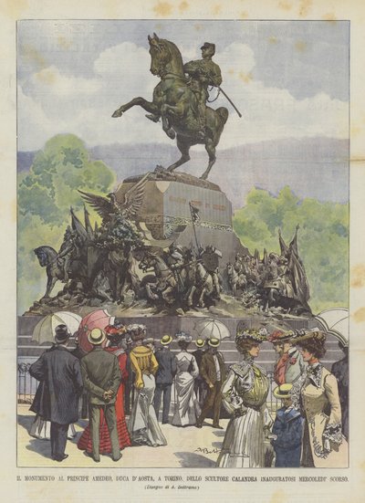 El monumento al príncipe Amadeo, duque de Aosta, en Turín, del escultor Calandra inaugurado el miércoles pasado de Achille Beltrame