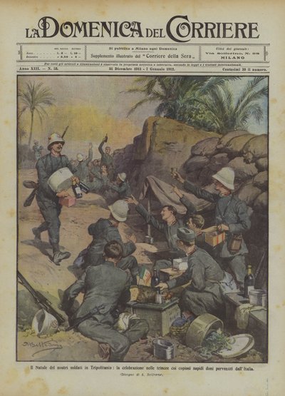 La Navidad de nuestros soldados en Tripolitania, la celebración en las trincheras con abundantes alimentos de Achille Beltrame