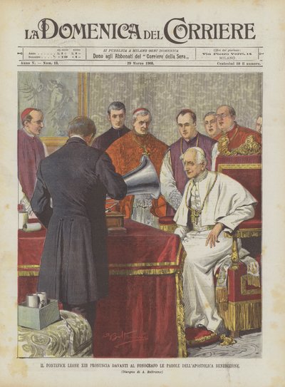 El pontífice León XIII pronuncia ante el fonógrafo las palabras de la bendición apostólica de Achille Beltrame