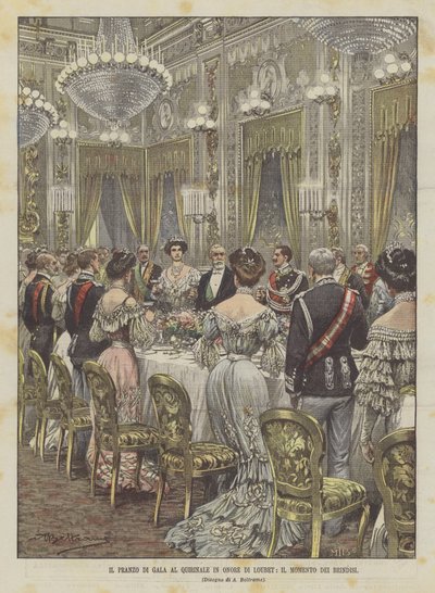 La cena de gala en el Quirinal en honor de Loubet, el momento de los brindis de Achille Beltrame