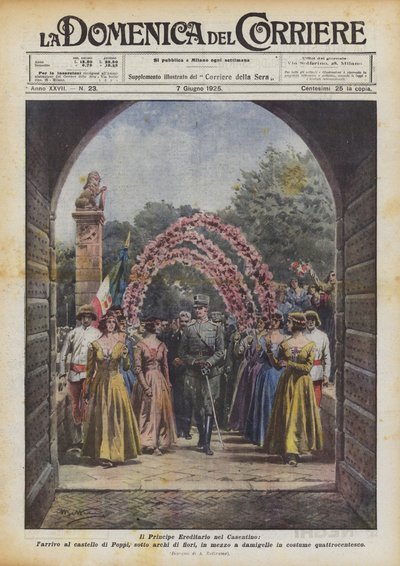 El Príncipe Heredero en Casentino, la llegada al castillo de Poppi, bajo arcos de flores de Achille Beltrame