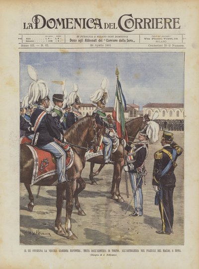 El rey entrega la vieja gloriosa bandera, tomada de la armería de Turín, a la artillería en de Achille Beltrame