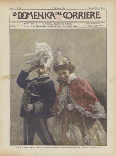 El rey y la reina, de una fotografía instantánea tomada en el momento de su desembarco en Cagliari el 12 de abril de Achille Beltrame