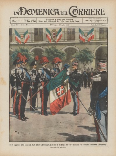 El Rey coloca la medalla al valor militar en la bandera de los alumnos carabineros, en Roma de Achille Beltrame