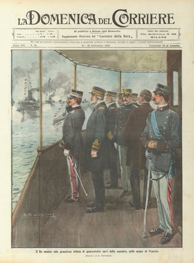 El Rey asiste al grandioso desfile de cuarenta y ocho barcos de la escuadra, en las aguas de Venecia de Achille Beltrame