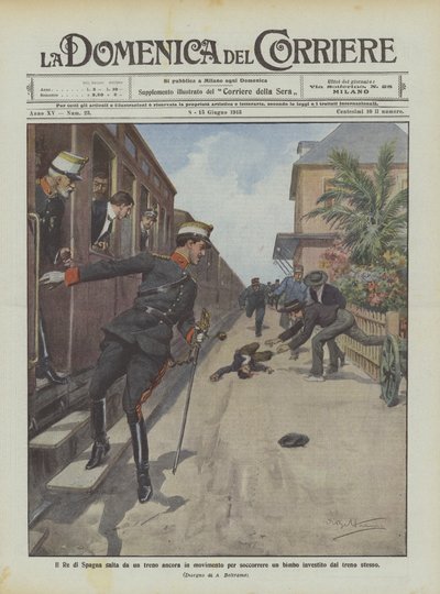 El Rey de España salta de un tren en movimiento para socorrer a un niño atropellado por el mismo tren de Achille Beltrame