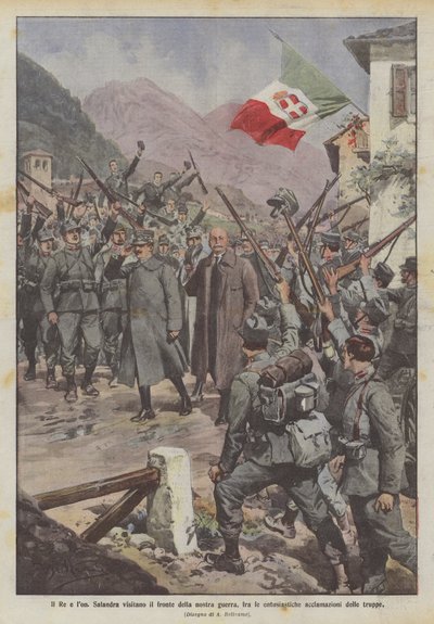 El Rey y Salandra visitan el frente de nuestra guerra, entre las entusiastas aclamaciones de las tropas de Achille Beltrame