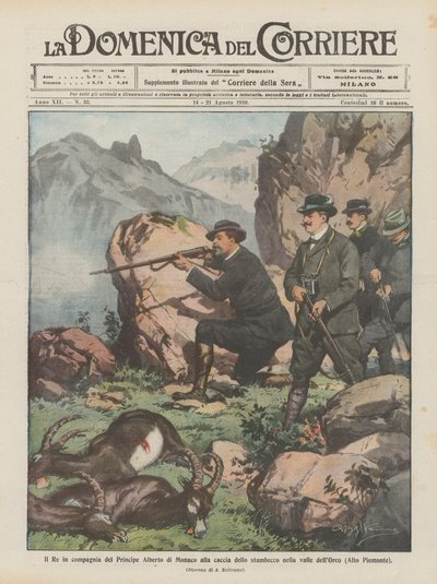 El Rey en compañía del Príncipe Alberto de Mónaco cazando íbices en el valle del Orco (Alto Piamonte) de Achille Beltrame