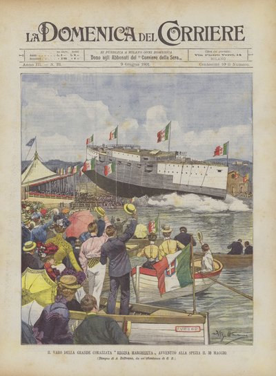 El lanzamiento del gran acorazado Reina Margarita ocurrido en La Spezia el 30 de mayo de Achille Beltrame