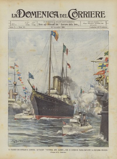 El viaje de los soberanos a Londres, el yate Victoria and Albert que los lleva pasa frente a la flota inglesa de Achille Beltrame