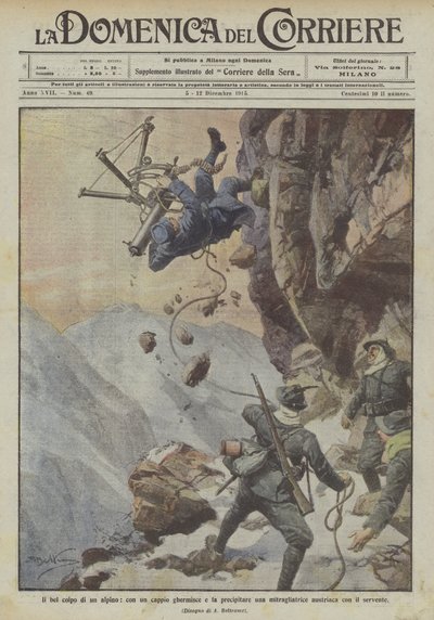 El buen golpe de un alpino, con un lazo atrapa y hace caer una ametralladora austriaca con su servidor de Achille Beltrame