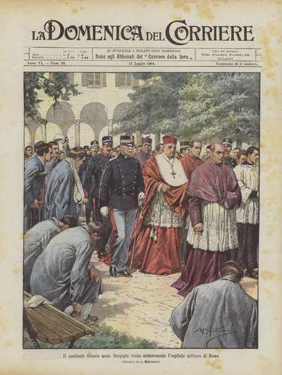 El cardenal vicario mons. Respighi visita solemnemente el hospital militar de Roma de Achille Beltrame