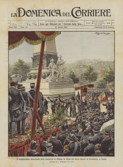 El quincuagésimo aniversario de la expedición a Crimea, el desfile de los veteranos frente al monumento, en Turín de Achille Beltrame