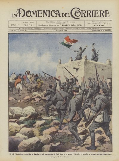 El col Maddalena ondea la bandera sobre el marabuto de Sidi Aziz y al grito de ¡Savoia! de Achille Beltrame