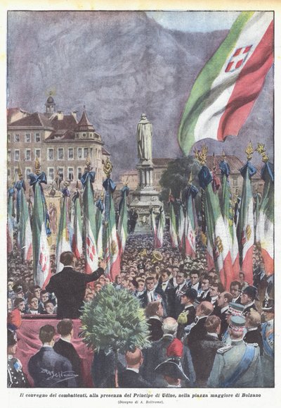 El encuentro de los combatientes, en presencia del Príncipe de Udine, en la plaza mayor de Bolzano de Achille Beltrame