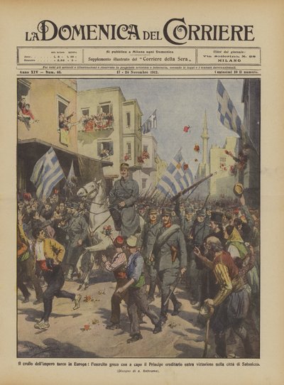El colapso del imperio turco en Europa, el ejército griego encabezado por el príncipe heredero entra de Achille Beltrame