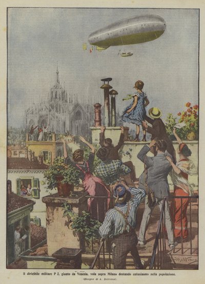 El dirigible militar P 2, llegado desde Venecia, vuela sobre Milán despertando entusiasmo en la población de Achille Beltrame