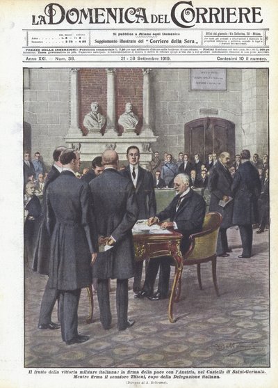 El fruto de la victoria militar italiana, la firma de la paz con Austria, en el Castillo de Saint-Germain de Achille Beltrame
