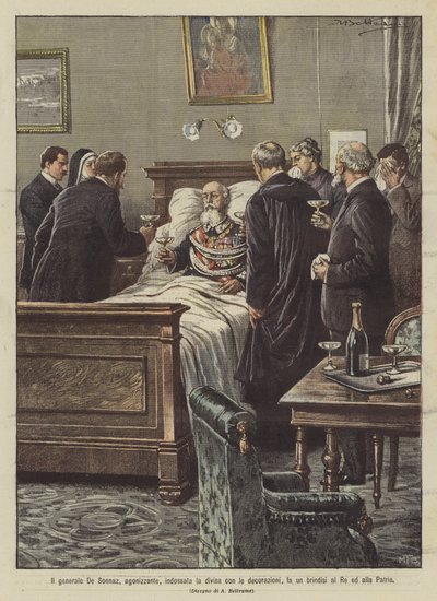 El general De Sonnaz, agonizante, vestido con el uniforme y las condecoraciones, brinda por el Rey y la Patria de Achille Beltrame