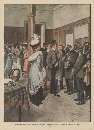 El mercado de esclavos blancos en Nueva York, desempleados que se venden por hambre (litografía en color) de Achille Beltrame