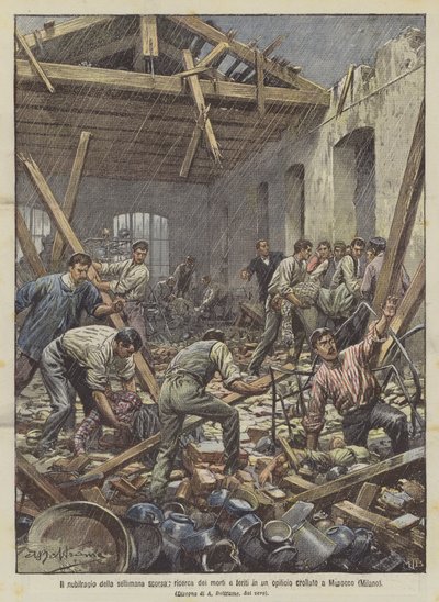El aguacero de la semana pasada, búsqueda de muertos y heridos en una fábrica derrumbada en Musocco (Milán) de Achille Beltrame