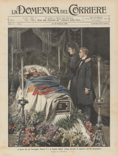 El nuevo Rey de Portugal Manuel II y la Reina Madre Amelia ante el cadáver del Rey asesinado de Achille Beltrame