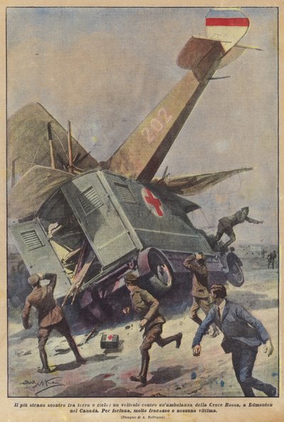 El enfrentamiento más extraño entre tierra y cielo, un avión contra una ambulancia de la Cruz Roja, en Edmonton, Canadá de Achille Beltrame