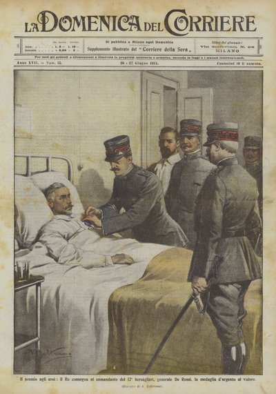 El premio a los héroes, el Rey entrega al comandante del 12º bersaglieri, general De Rossi de Achille Beltrame