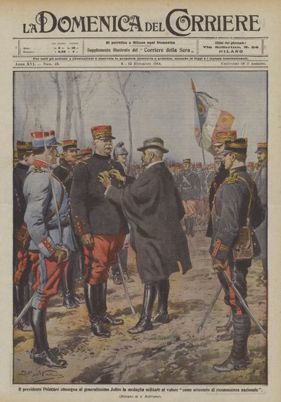 El presidente Poincare entrega al generalísimo Joffre la medalla militar al valor de Achille Beltrame