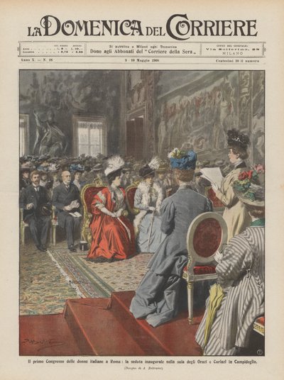 El primer Congreso de mujeres italianas en Roma, la sesión inaugural en la sala de los Orazi de Achille Beltrame