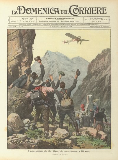 El primer aeroplano sobre los Alpes, Chávez vuela hacia el Simplón, a 2500 metros de Achille Beltrame