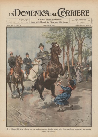 El rey Alfonso XIII salva en Ceuta, con un rápido movimiento, a una niña caída bajo su caballo de Achille Beltrame