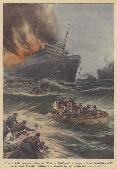 El incendio del motonave francés Georges Philippar frente al Cabo Guardafui, en las aguas de... de Achille Beltrame