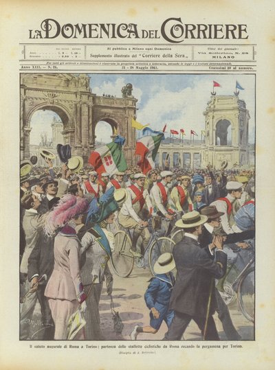 El saludo augural de Roma a Turín, partida de los relevos ciclistas de Roma llevando el pergamino para Turín de Achille Beltrame
