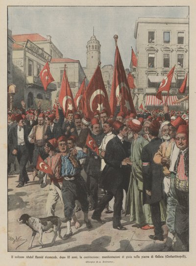 El sultán Abdul Hamid restablece, después de 32 años, la constitución, manifestaciones de alegría de Achille Beltrame