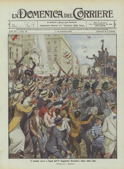 La triunfal llegada a Nápoles del 11º Regimiento de Bersaglieri, regresado de Libia de Achille Beltrame