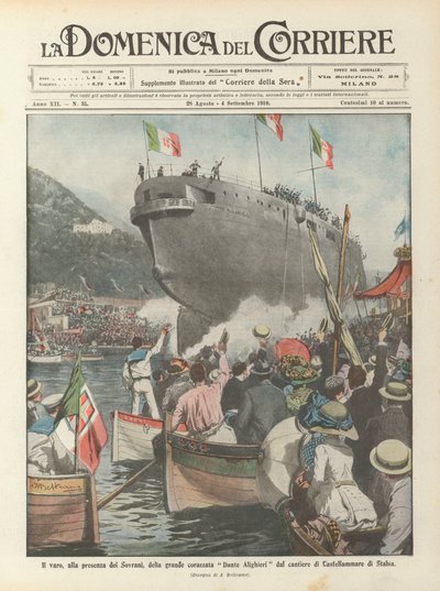 El lanzamiento, en presencia de los soberanos, del gran acorazado Dante Alighieri del astillero de Castellammare di Stabia de Achille Beltrame
