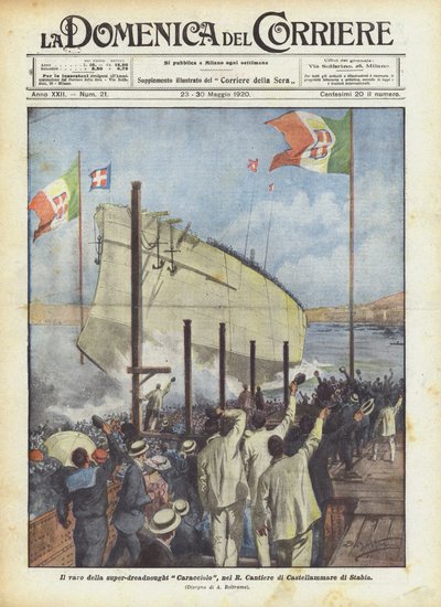 El lanzamiento del super-dreadnought Caracciolo, en el Astillero Real de Castellammare di Stabia de Achille Beltrame