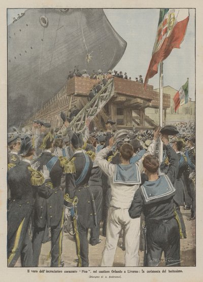 El lanzamiento del crucero acorazado Pisa, en el astillero Orlando en Livorno, la ceremonia de bautizo de Achille Beltrame