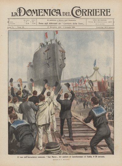 El lanzamiento del crucero acorazado San Marco del astillero de Castellammare di Stabia, el 20 del corriente de Achille Beltrame