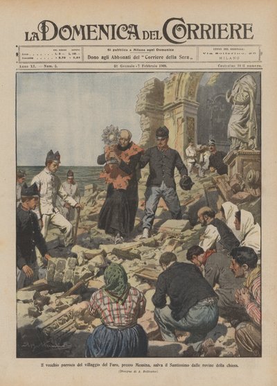 El viejo párroco del pueblo de Faro, cerca de Messina, salva el Santísimo de las ruinas de la iglesia de Achille Beltrame